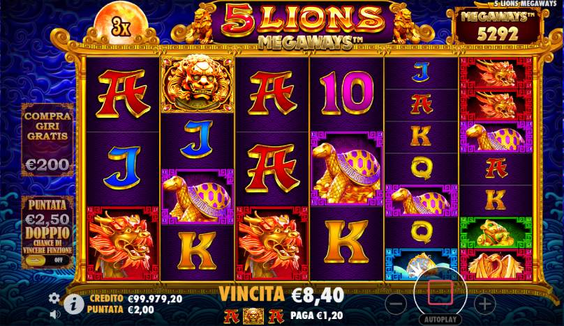 5 lions megaways 8 euro 40 centesimi
