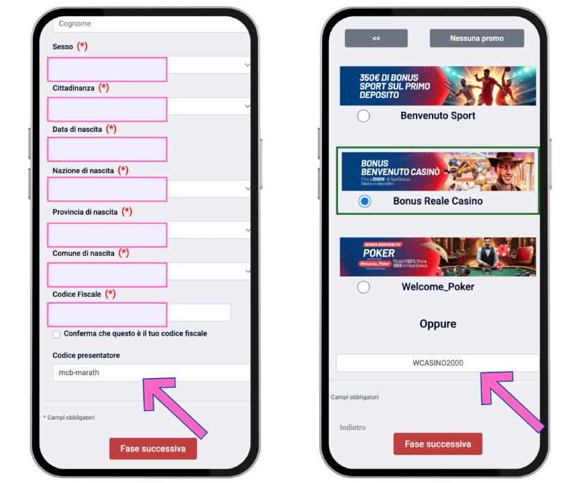 dove inserire codice promo marathonbet