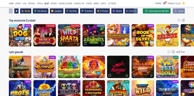 Schermata della homepage del casinò EuroBet che mostra slot e promozioni in primo piano