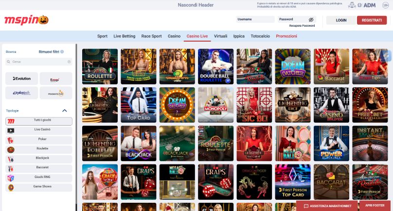 Interfaz de casino en vivo de Marathonbet mostrando ruleta y blackjack