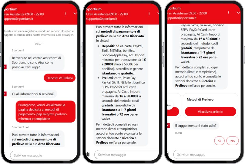 servizio clienti sportium screenshot