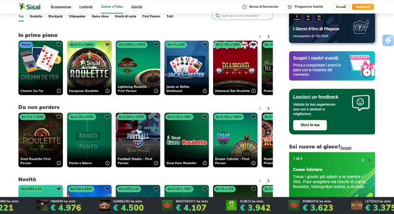 Schermata della homepage del casino Sisal che mostra la selezione di giochi e promozioni